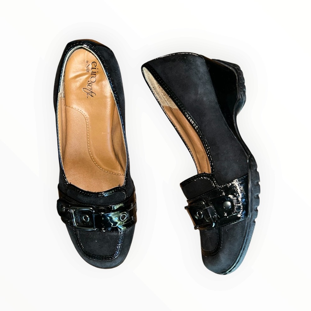 EuroSoft by Sofft Womens Black Suede Patent Wedge Loafers Buckle Square Toe 8